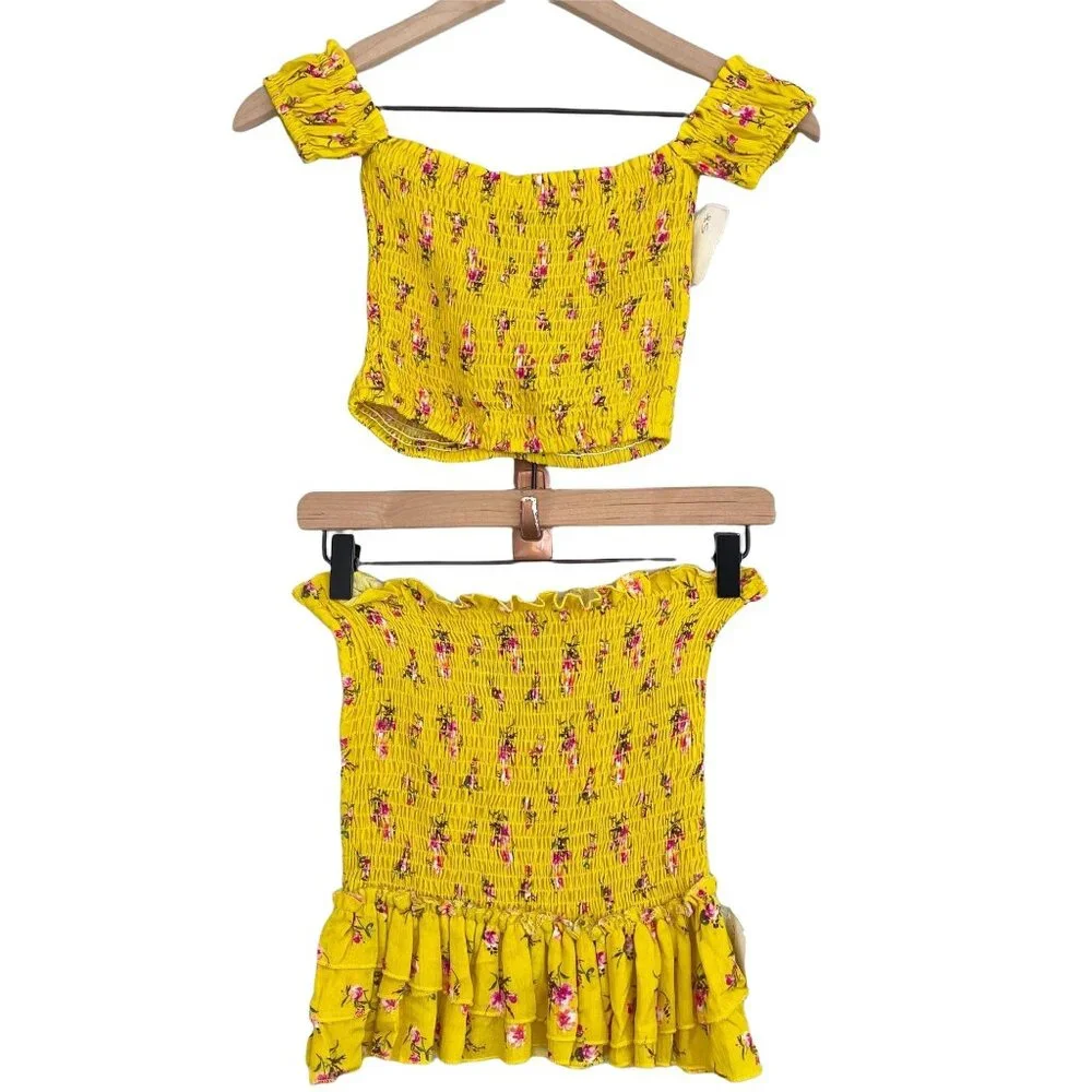 Blue Life yellow floral smocked secret crush last night set extra small MSRP 204 - Picture 4 of 12